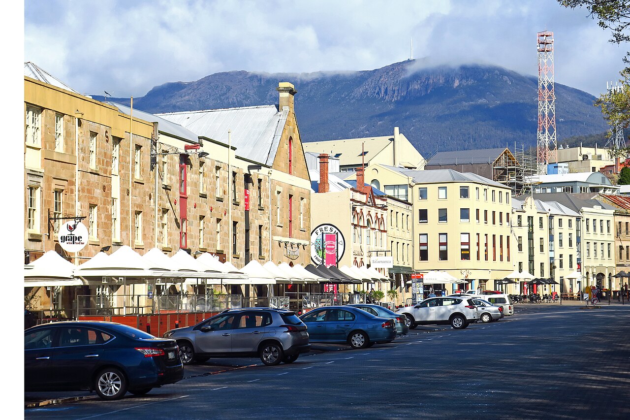 Salamanca Place heritage buildings with kunanyi behind Hobart
